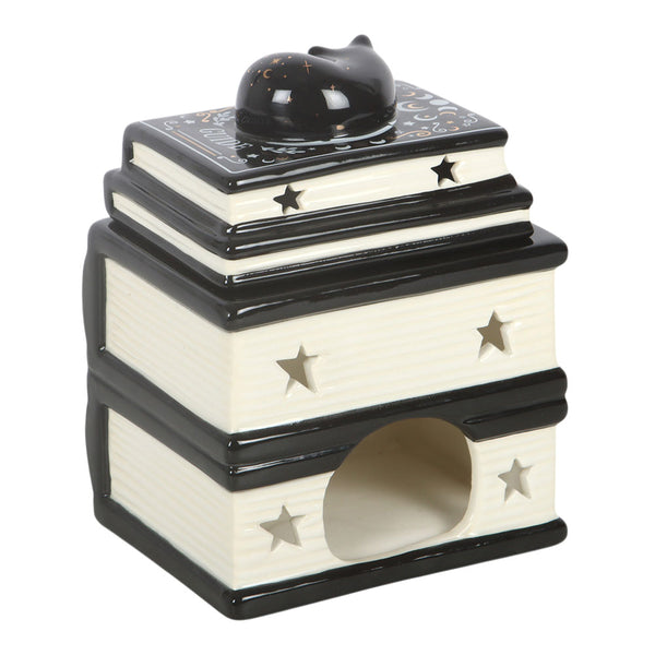 Black Cat Oliebrander Boek Stapel Met Kat