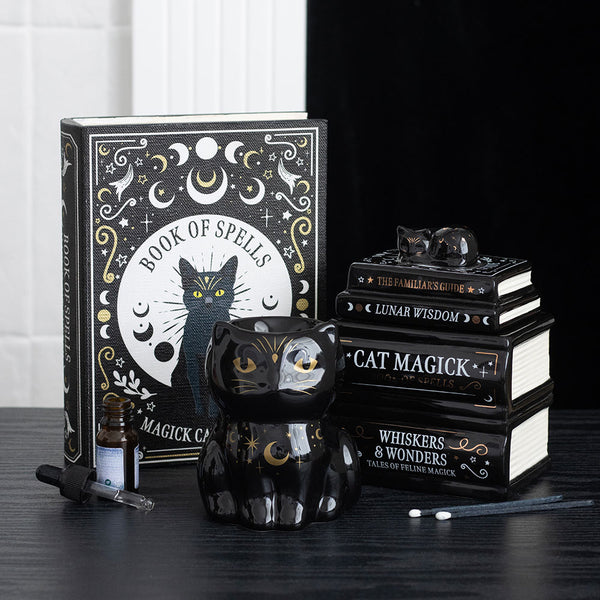 Black Cat Oliebrander Boek Stapel Met Kat