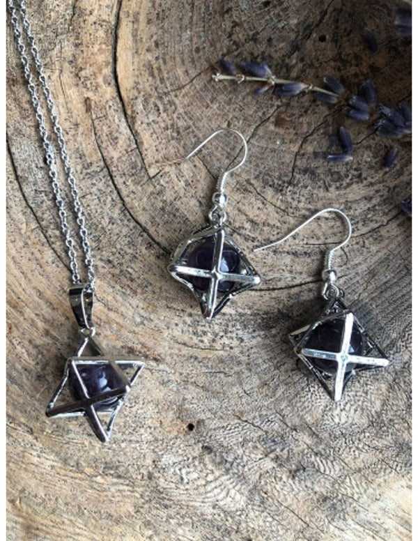Edelsteen Amethist Oorbellen en Hanger Set Merkabah