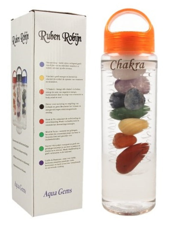 Energie Drinkwater Fles met Jaspis Rood, Carneool, Calciet Geel, Aventurijn Groen, Blauwe Kwarts, Amethist, Bergkristal