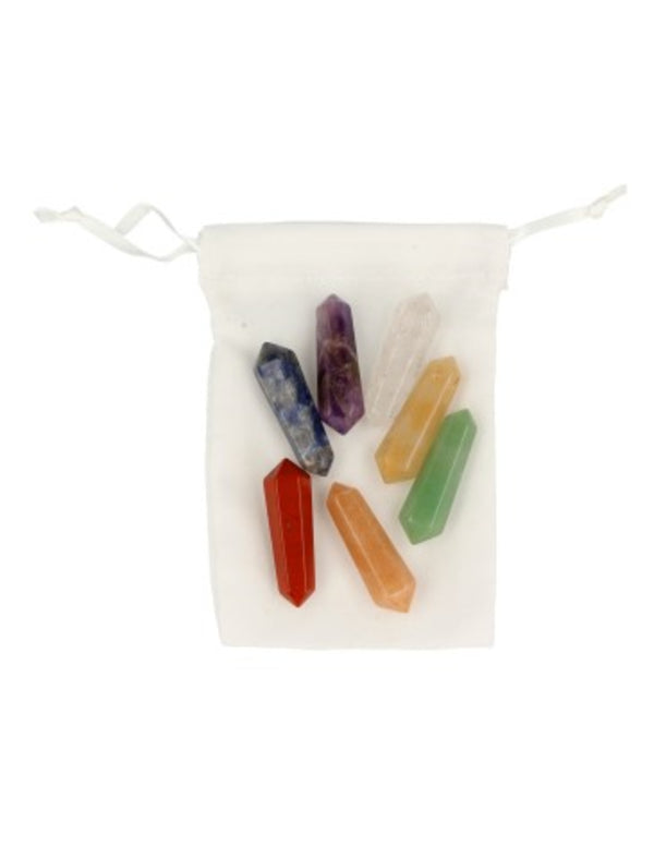 Chakra dubbeleinder set in fluwelen buidel variërende kleuren en steensoorten