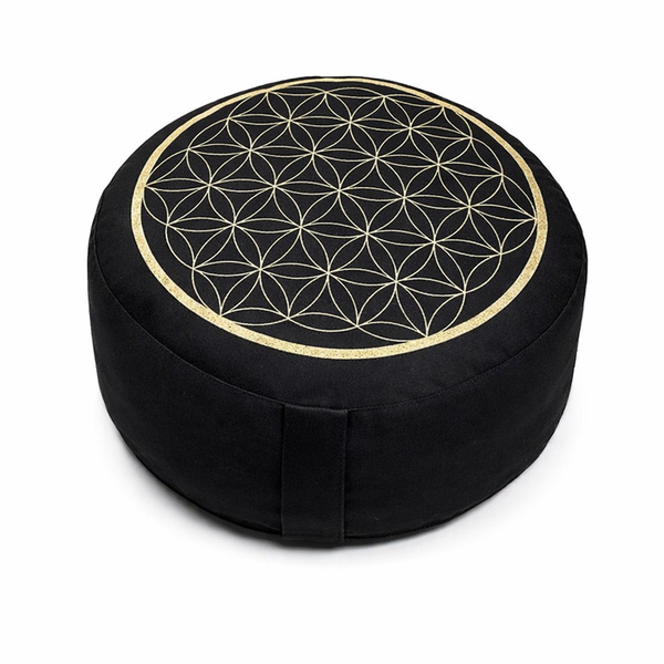 Yogi & Yogini Meditatiekussen Rond Levensbloem Katoen Zwart 33 x 16 cm