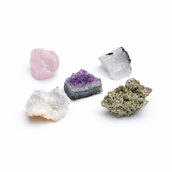 Geschenkdoosje Met 5 Ruwe Kristallen Toermalijnkwarts Rozenkwarts Kristal Geode Amethist Pyriet 8.5x10x4 cm