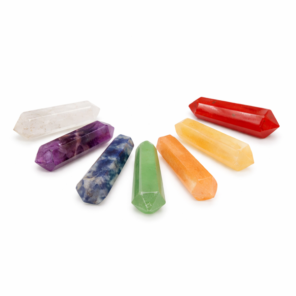 Chakra dubbeleinder set in fluwelen buidel variërende kleuren en steensoorten