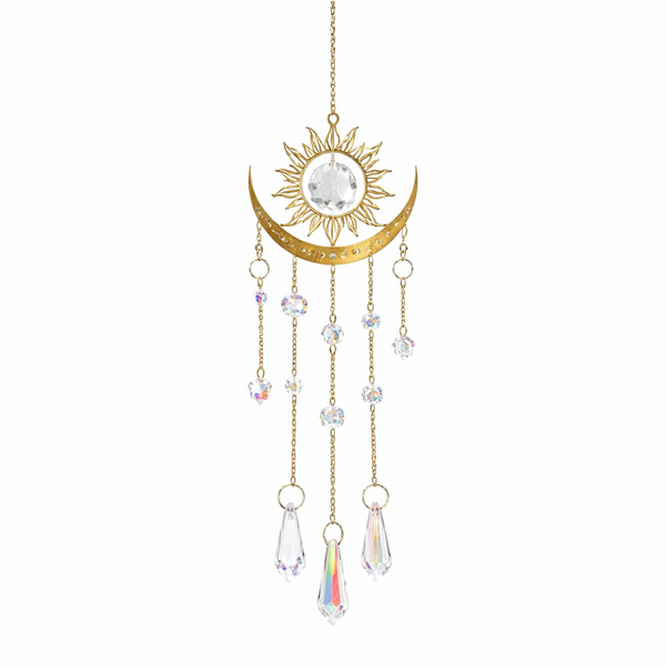 Suncatcher Zon En Halve Maan Met Kristalglas Goudkleurig Metaal 44x8 cm