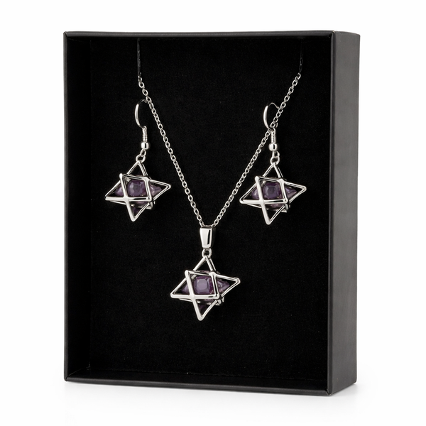 Edelsteen Amethist Oorbellen en Hanger Set Merkabah