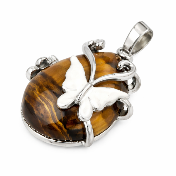 Druppelvormige Edelsteen Hanger Tijgeroog – Vlinder &amp; Bloem