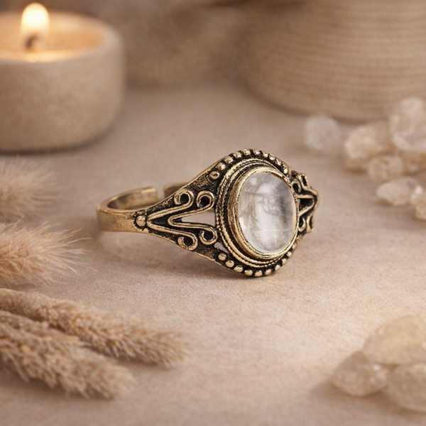 Verstelbare Ring Met Ruwe Bergkristal Van Messing