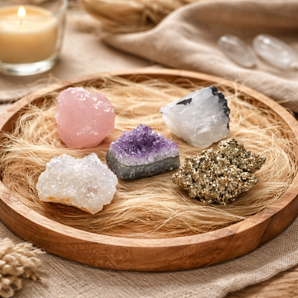 Geschenkdoosje Met 5 Ruwe Kristallen Toermalijnkwarts Rozenkwarts Kristal Geode Amethist Pyriet 8.5x10x4 cm