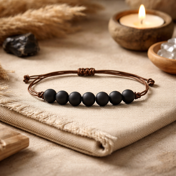 Armband Met 7 Kralen Van Obsidiaan Met Koord Verstelbaar