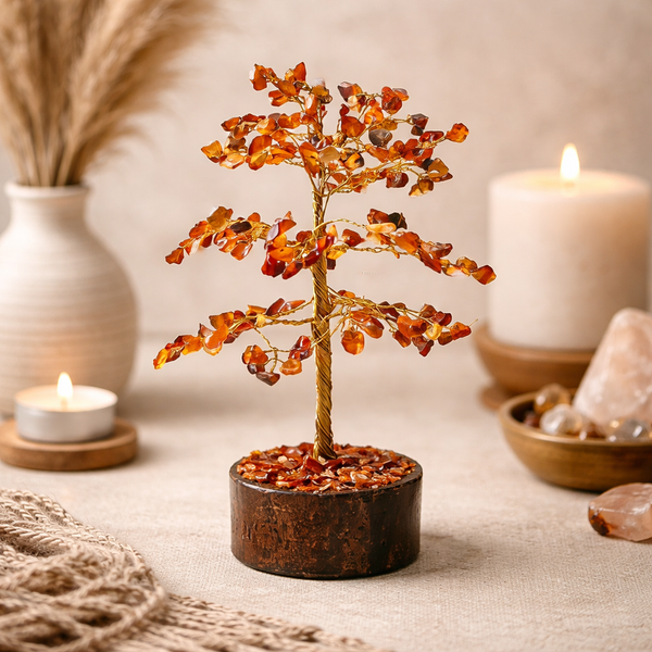 Edelsteenboom Levensboom Carneool Met Neemhouten Basis ±18cm