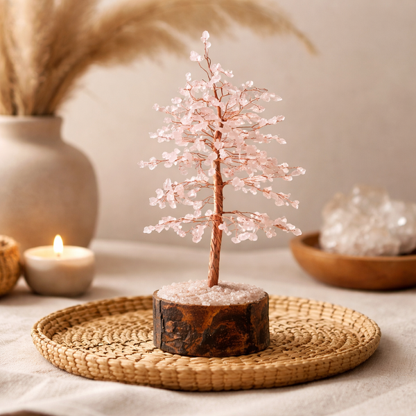 Edelsteenboom Levensboom Rozenkwarts Met Neemhouten Basis ±23cm