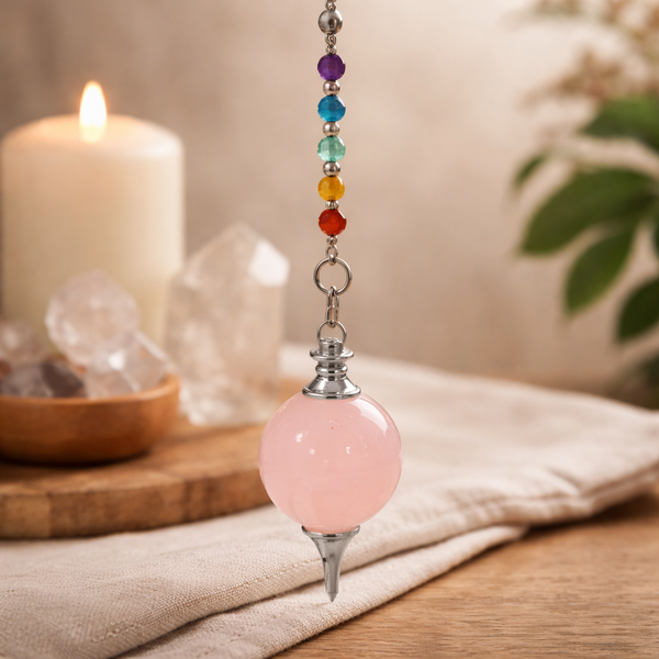 Pendel Rozenkwarts Bol met Chakra Kralenketting