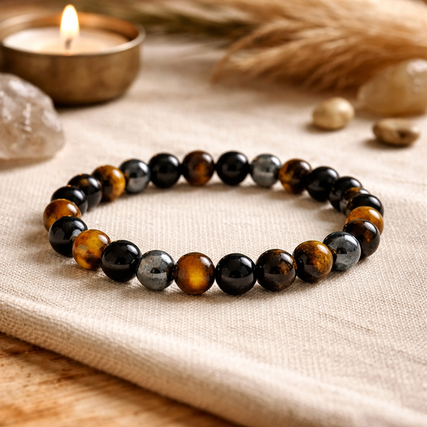 Armband Voor Brede Pols Met Tijgeroog Hematiet En Obsidiaan 0,8 Cm