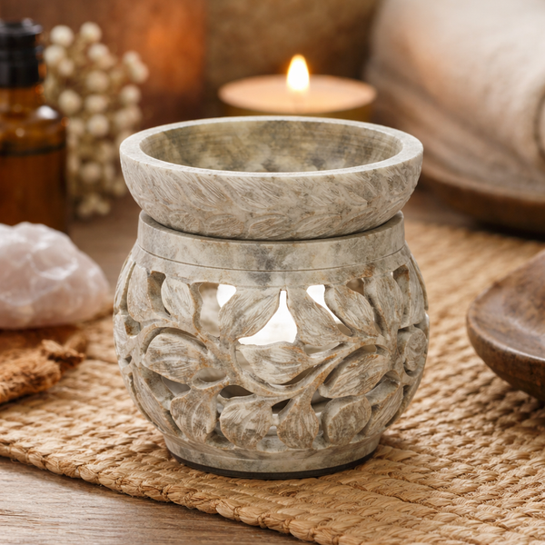 Multifunctionele Brander Zeepsteen Gemarmerd Bloemmotief 11x11cm