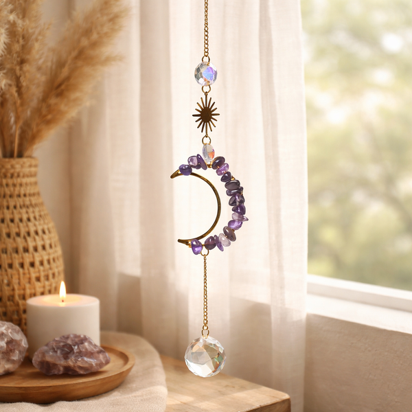 Suncatcher Maanvormig Met Amethist En Kristallen Bol ±35cm