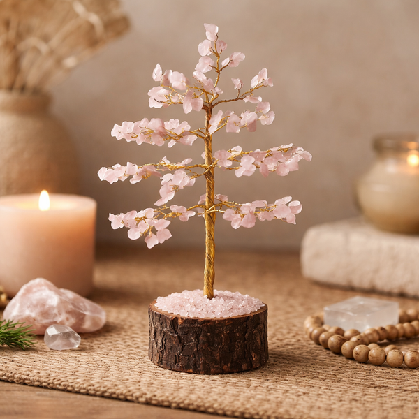 Edelsteenboom Rozenkwarts Met Neemhouten Basis ±18 cm