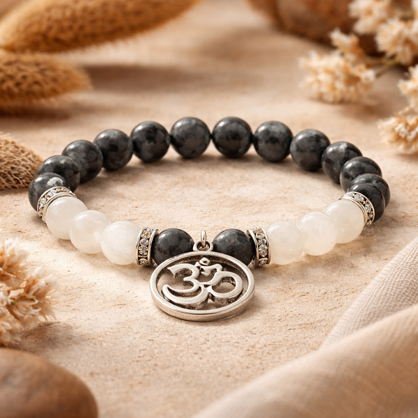 Elastische Armband Labradoriet Witte Agaat Met Ohm Bedel