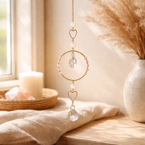 Suncatcher Harten Met Rozenkwarts En Kristal 34 cm