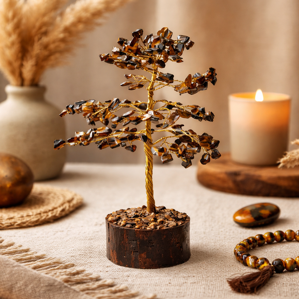 Edelsteenboom Tijgeroog Met Neemhout Basis ±18cm