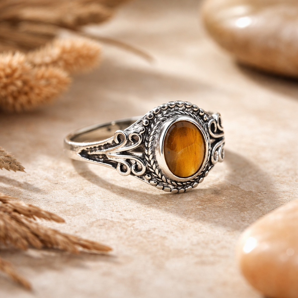 Ring Met Tijgeroog Edelsteen En Messing Verstelbaar