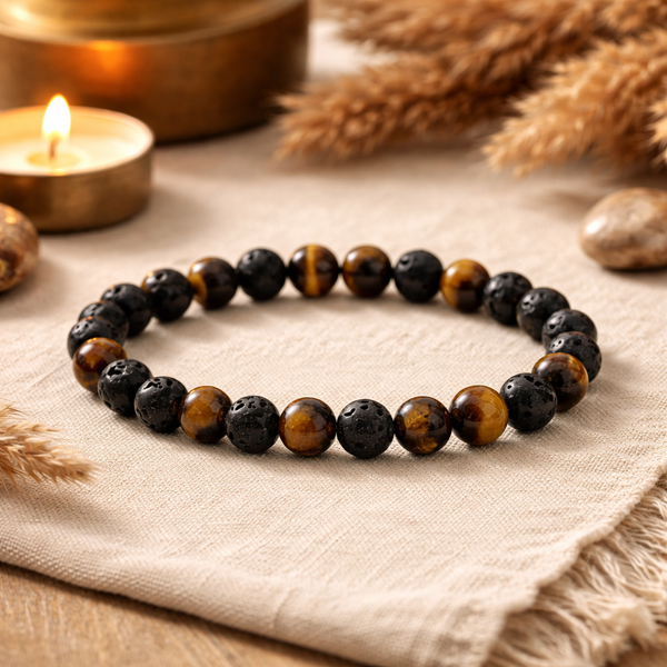 Armband Voor Brede Pols Met Tijgeroog En Lavasteen 0,8 cm