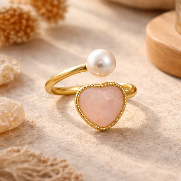 Verstelbare Ring Met Parel En Rozenkwarts Hart ±2 cm