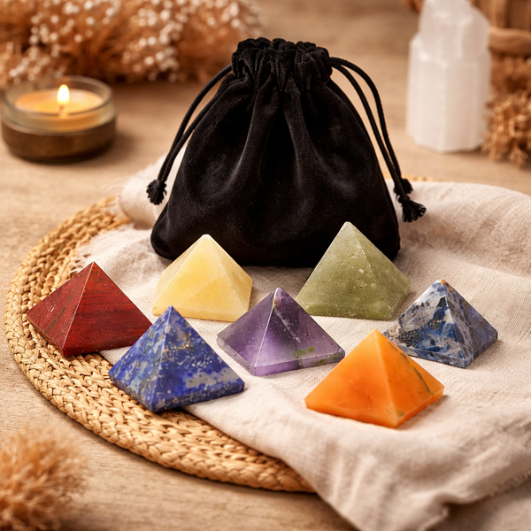 Chakra Piramide Stenen Set Met Zeven Edelstenen In Fluwelen Tasje