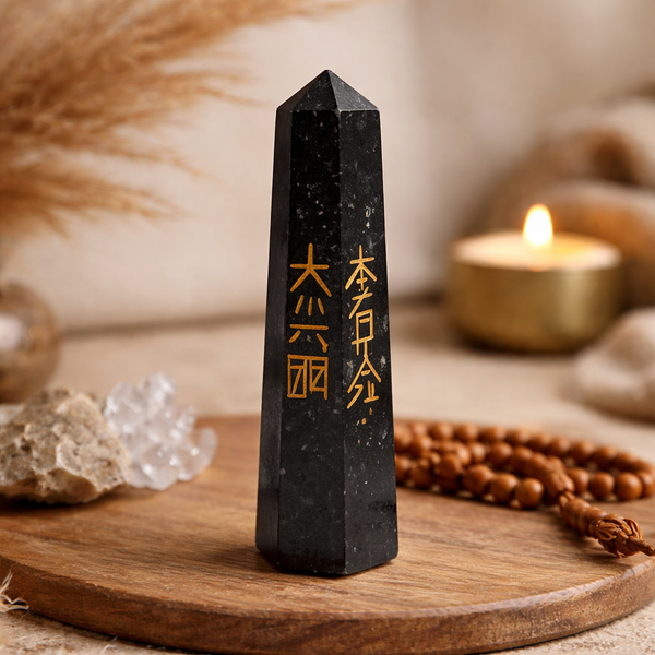 Zwarte Toermalijn Reiki Obelisk Met Gegraveerde Symbolen 7-10 cm