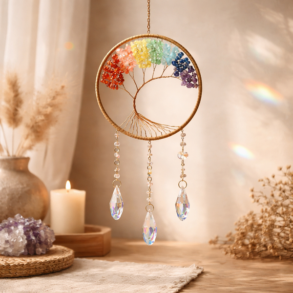 Suncatcher Levensboom Van Koperdraad Met Chakra-Steentjes En Kristalhanger 43x16,5 cm