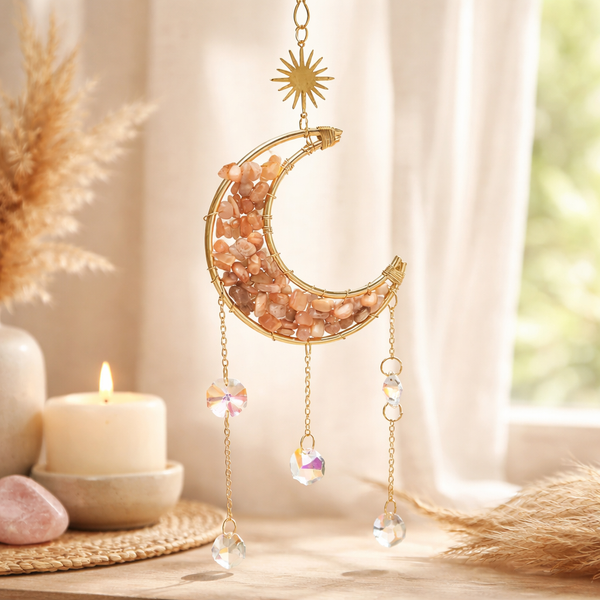 Suncatcher Halvemaan Met Roze Maansteen 8x37 cm