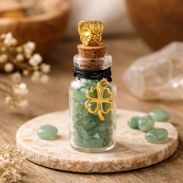 Glazen Geschenkflesje Met Groene Aventurijn En Messing Klavertje Vier Bedel 3,6 cm