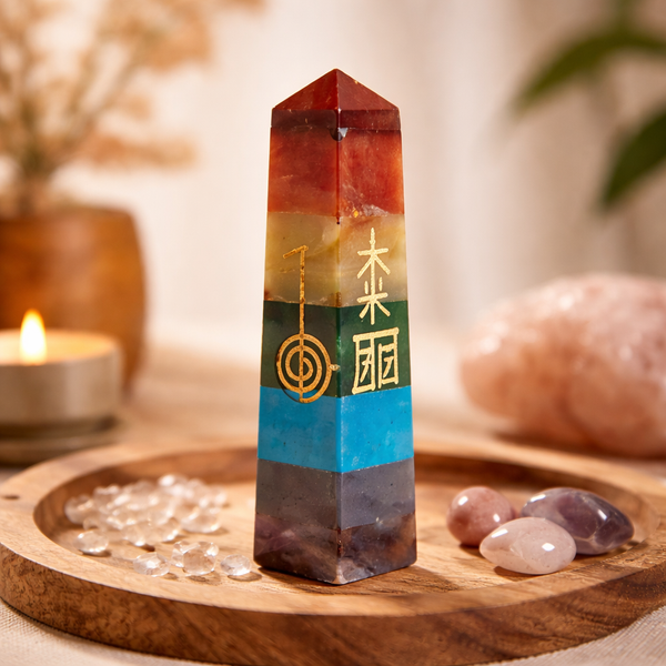 Edelsteen Chakra Reiki Obelisk Met Gegraveerde Symbolen 75 mm