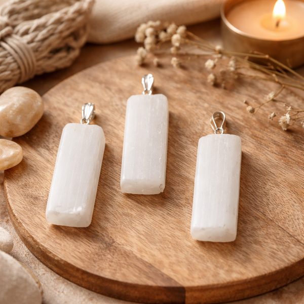 Edelsteenhanger Witte Seleniet Ruw Met Metalen Oogje ±4cm
