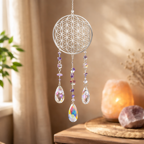 Suncatcher Bloem Des Levens Zilverkleurig Met Amethist 40x9,5 cm