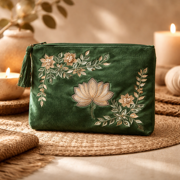 Etui Fluweel Met Lotus Borduurwerk Groen 20x15 cm