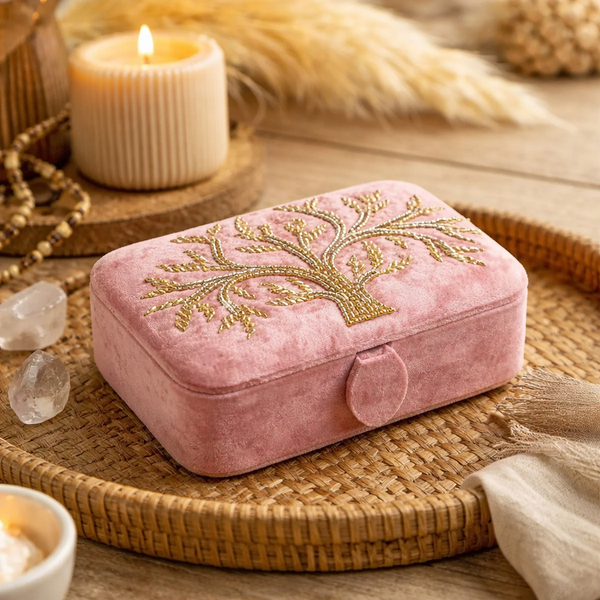 Sieraden- En Tarotdoos Met Levensboom Borduurwerk Fluweel Roze 11x15,5x5 cm