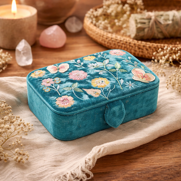 Sieraden- En Tarotdoosje Bloemen Fluweel Blauw 11x15,5x5 cm