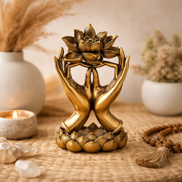 Ornament Handen Met Lotus Goudkleurig 14.5x9.6x24.8 cm
