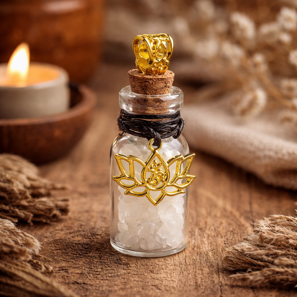 Glazen Geschenkflesje Met Bergkristal En Messing Lotusbloem Aan Koord 3,6 cm