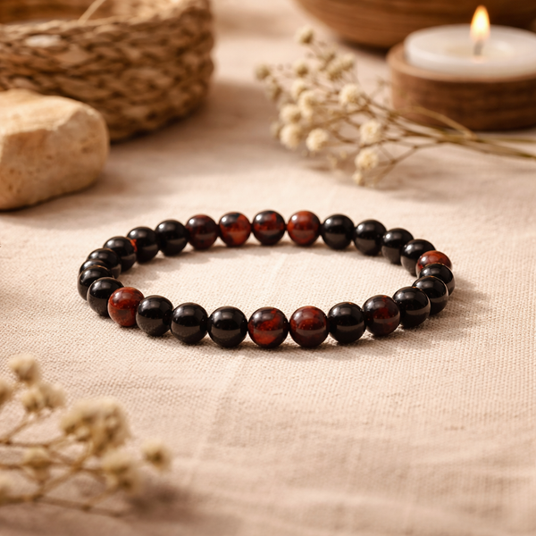 Armband Elastisch Zwarte Onyx Rode Tijgeroog 0,6 cm