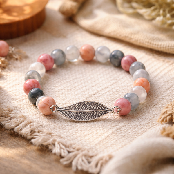 Elastische Mala Armband Met Rhodoniet, Grijze Kwarts En Veer 0.8 cm