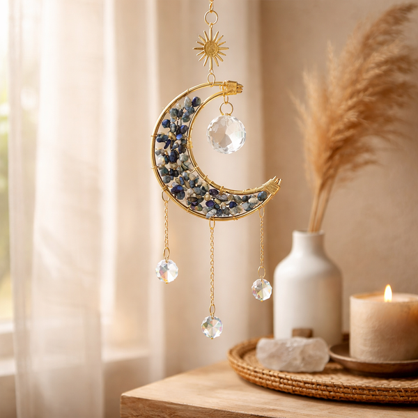 Suncatcher Halvemaan Met Lapis Lazuli En Kristalhanger 8x37 cm