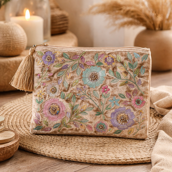 Etui Fluweel Bloemen Beige 20x15 cm