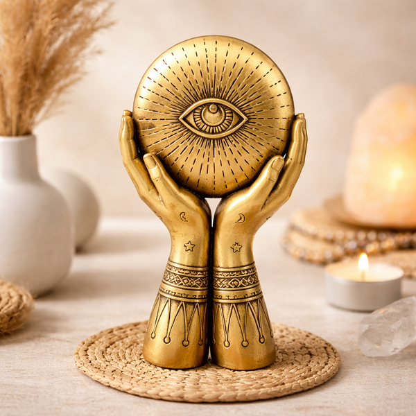 Ornament Met Alziend Oog En Handen Goudkleurig 12.5x7.5x22 cm