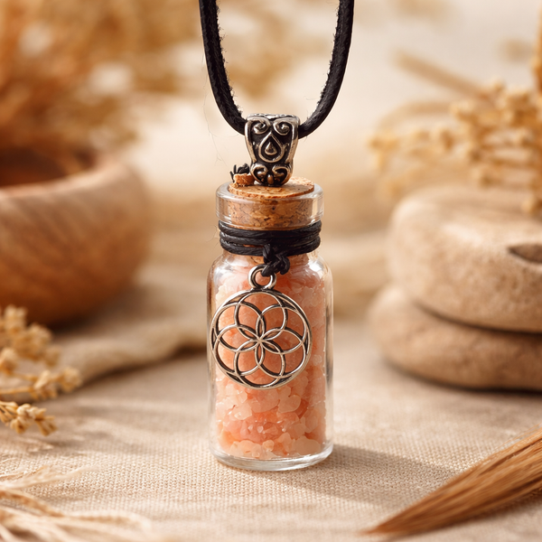Geschenkflesje Met Zonnesteen Edelsteen En Seed Of Life Symbool 3.6 cm