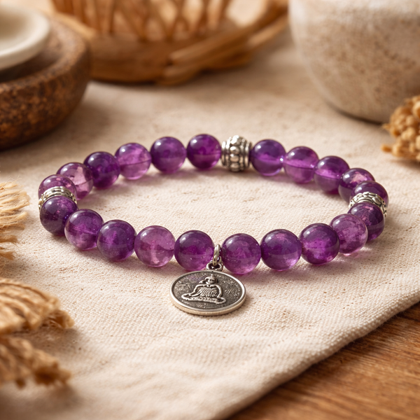 Armband Mala Elastisch Met 21 Amethist Kralen En Boeddha Bedeltje