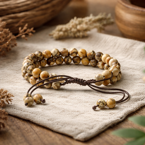 Armband Landschapsjaspis Met Dubbele Rij Kralen Diameter 0.5 mm Verstelbaar