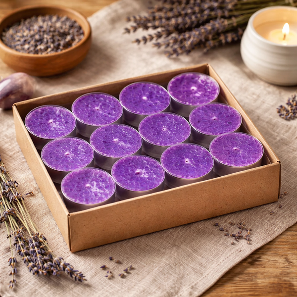 Fair Trade Theelichtjes Stearine Lavendel In Transparante Houder