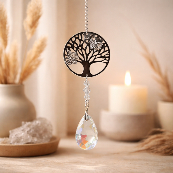 Kristallen Streng Tree of Life Filigraan Vlinders Zilverkleurig Regenboogkristal Druppel Wit